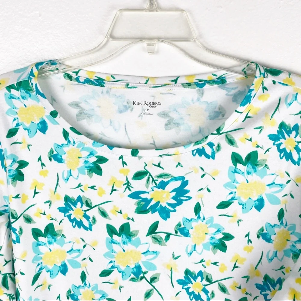 KIM ROGERS 100% Cotton Floral Polka Dot Bow Cuff Curvy Top 1X Casual Spring Boho - Picture 5 of 7